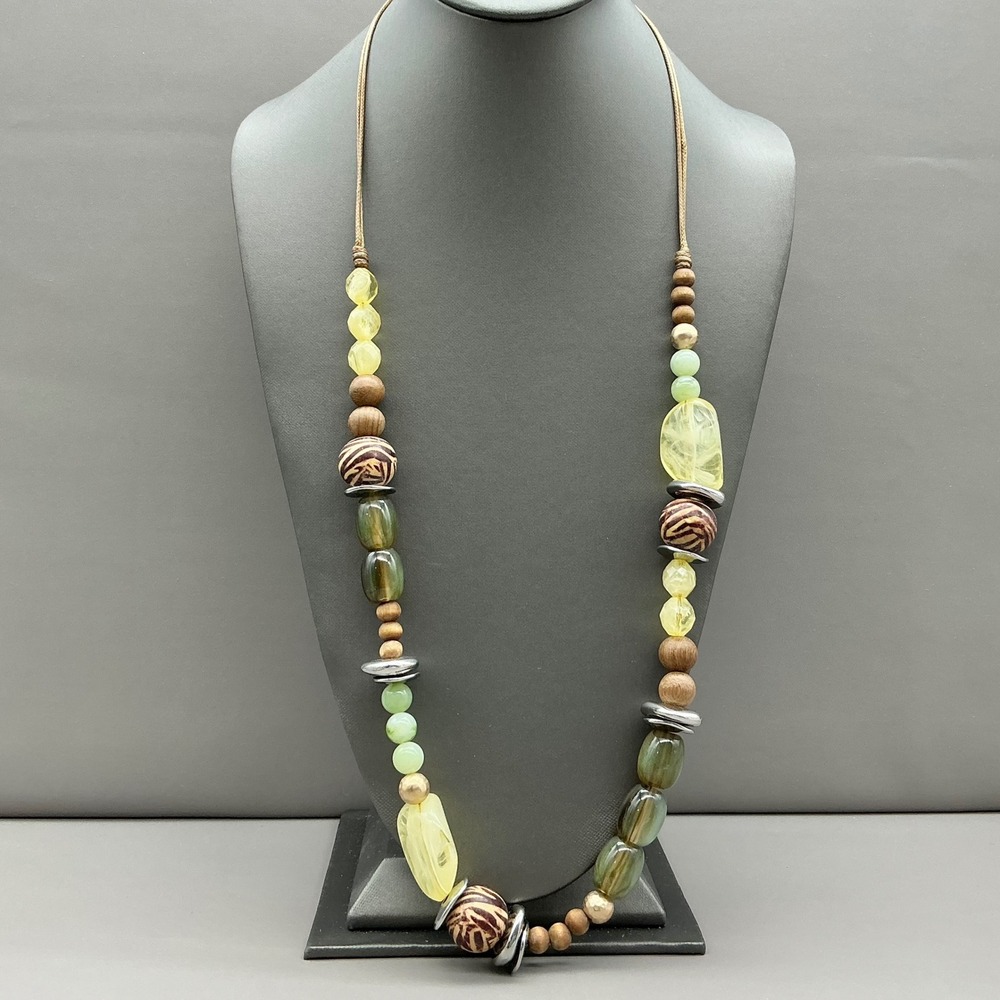 Chico's Necklace Women Green Yellow Beaded Mixed Media Cord Adjustable Long Boho